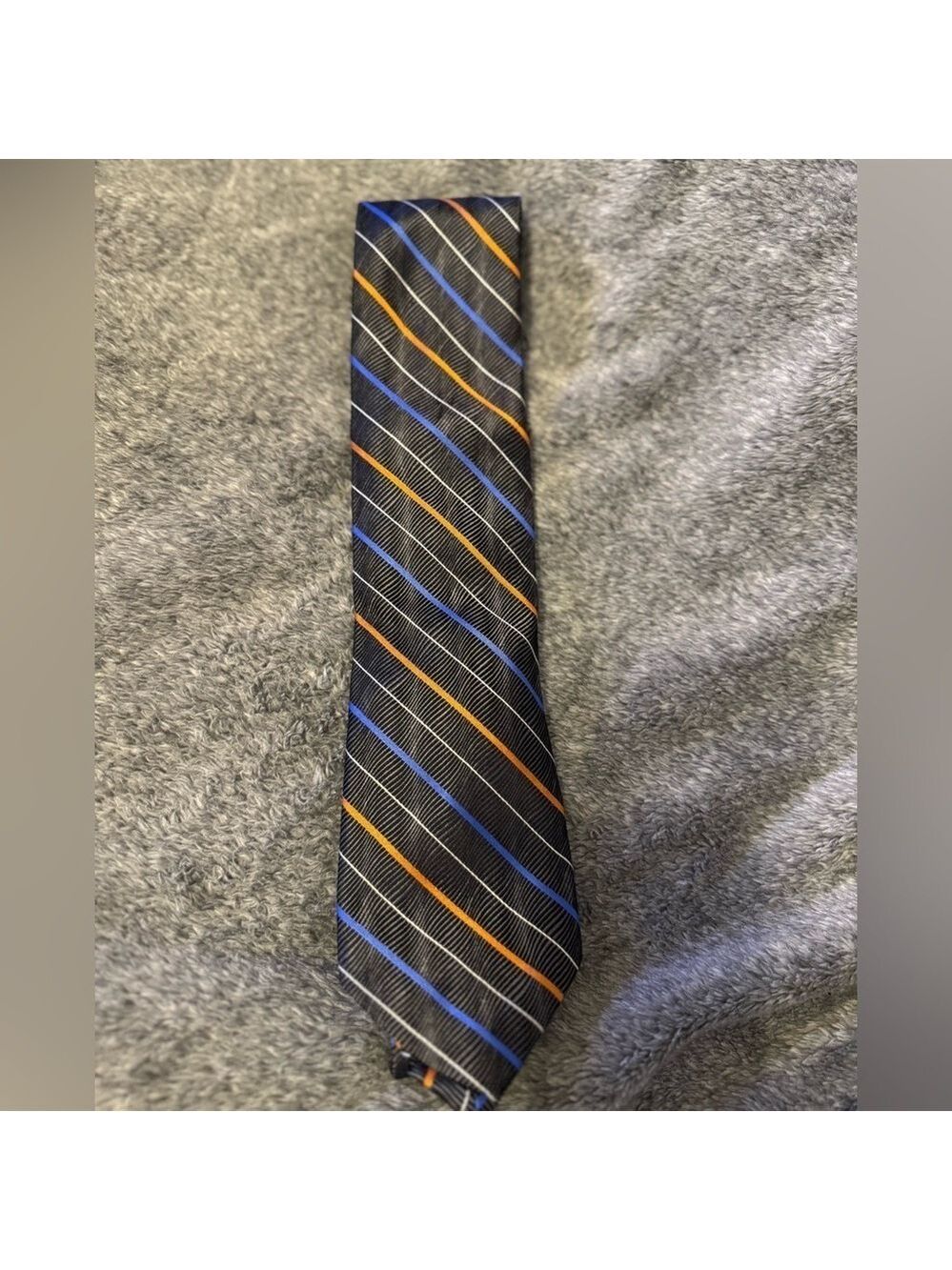XMI Platinum 100% Silk Striped Black Tie with Orange and Blue Accents